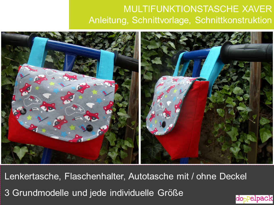 Kleine rot-graue Multifunktionstasche mit Fuchsmuster und hellblauen Trägerschlaufen, an einem blauen Fahrradlenker befestigt, Vorder- und Seitenansicht.