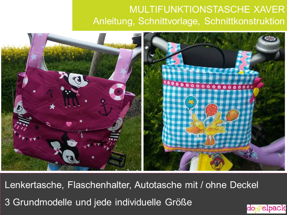 Zwei genähte Fahrradtaschen: links magentafarbene Tasche mit Tier- und Ankermotiven, rechts blau-weiß karierte Tasche mit Entenapplikation.
