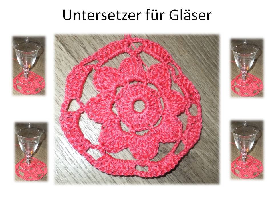 Roter, gehäkelter Untersetzer mit Blumenmuster für Gläser