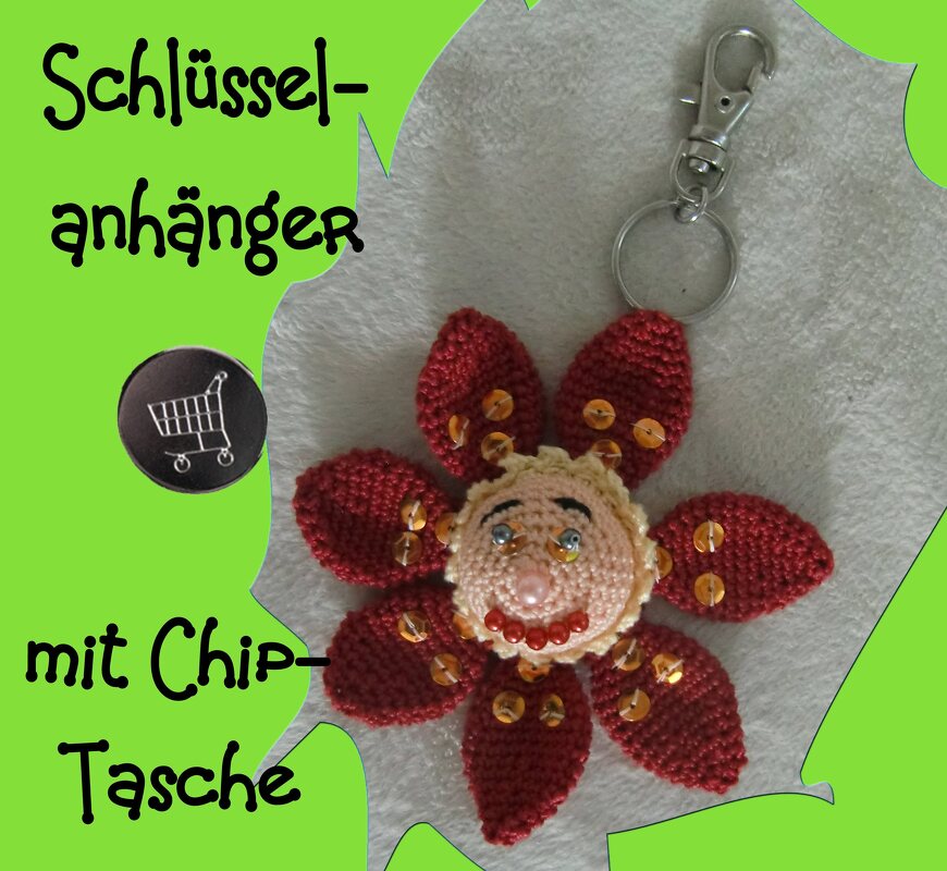 Schlüsselanhänger mit Karabiner, Ring und gehäkelter Blumenform mit Pailletten