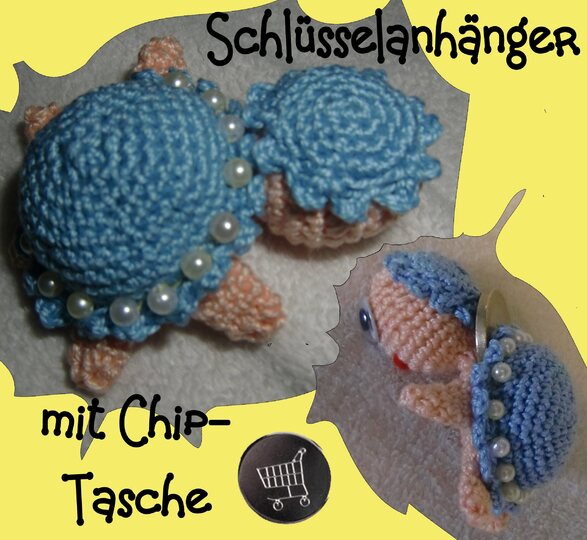 Schlüsselanhänger Schildkröte, mit Chip-Tasche, gehäkelt