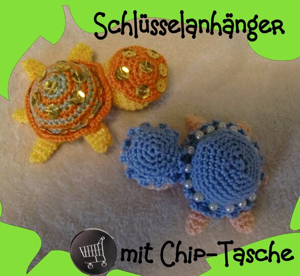 Schlüsselanhänger Schildkröte, mit Chip-Tasche, gehäkelt