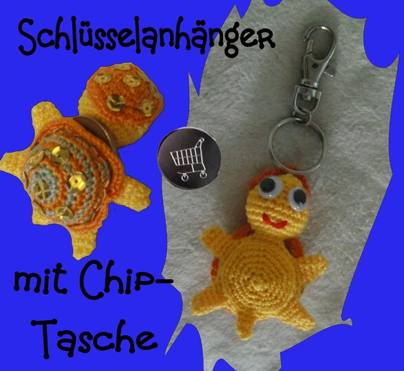 Schlüsselanhänger Schildkröte, mit Chip-Tasche, gehäkelt