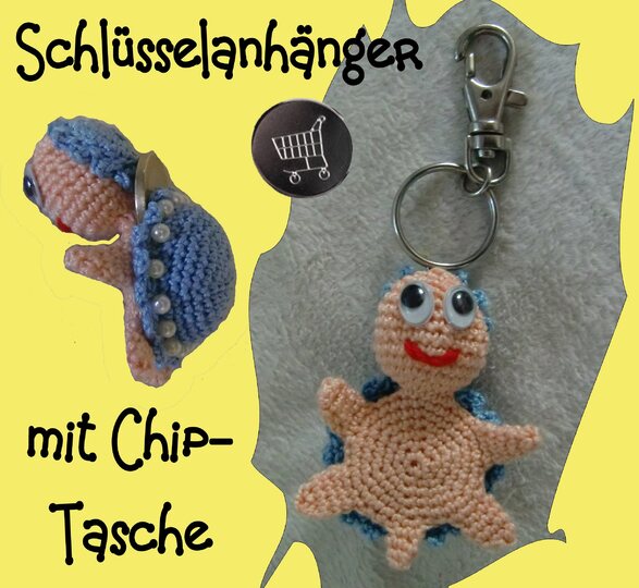 Schlüsselanhänger Schildkröte, mit Chip-Tasche, gehäkelt