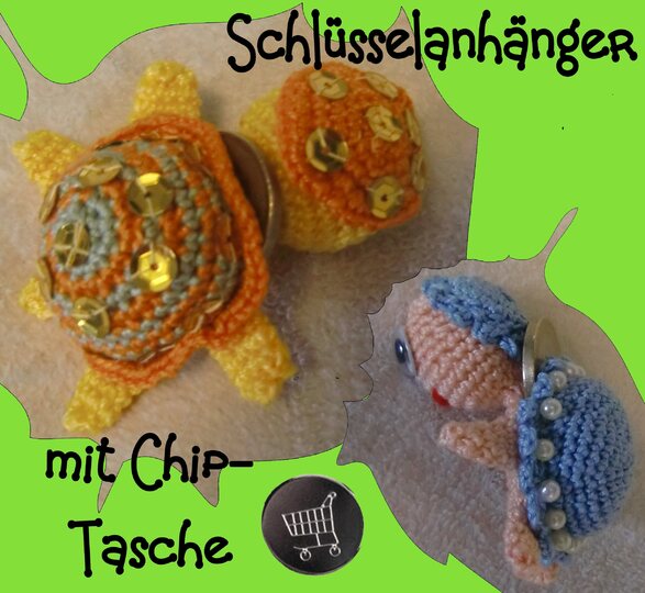 Schlüsselanhänger Schildkröte, mit Chip-Tasche, gehäkelt