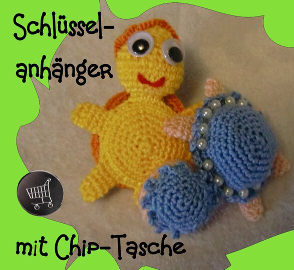 Schlüsselanhänger Schildkröte, mit Chip-Tasche, gehäkelt