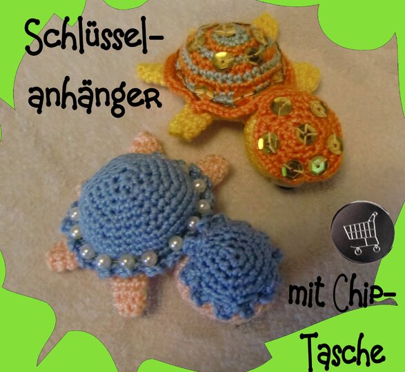 Schlüsselanhänger Schildkröte, mit Chip-Tasche, gehäkelt