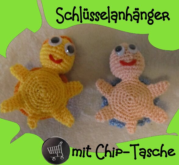 Schlüsselanhänger Schildkröte, mit Chip-Tasche, gehäkelt