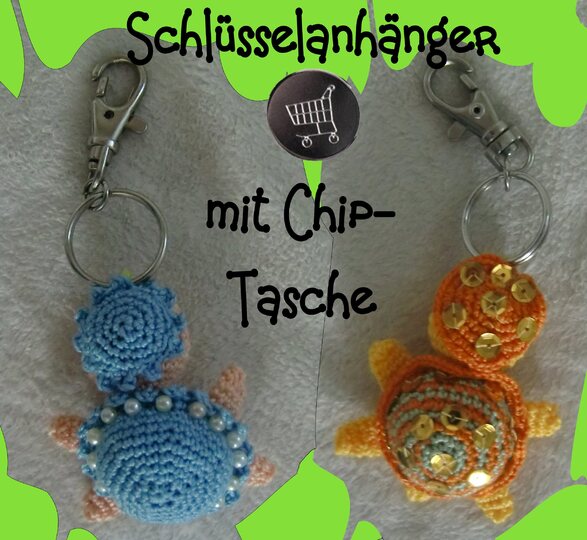 Schlüsselanhänger Schildkröte, mit Chip-Tasche, gehäkelt