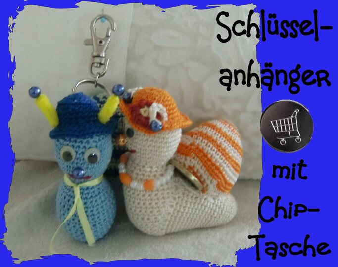 Schlüsselanhänger 2 Schnecken, mit Chip-Tasche, gehäkelt