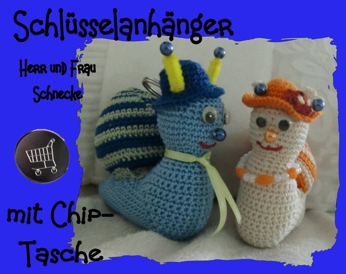 Schlüsselanhänger 2 Schnecken, mit Chip-Tasche, gehäkelt