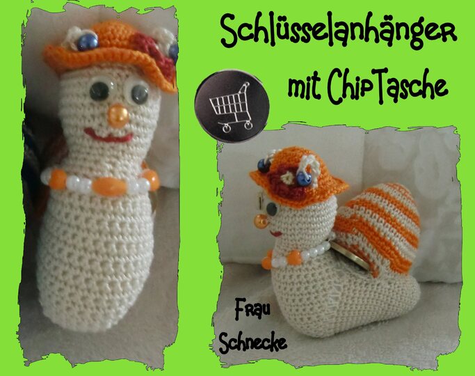 Schlüsselanhänger 2 Schnecken, mit Chip-Tasche, gehäkelt