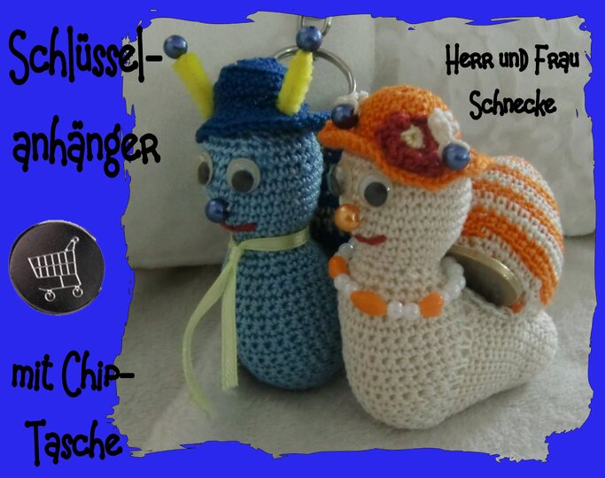 Schlüsselanhänger 2 Schnecken, mit Chip-Tasche, gehäkelt