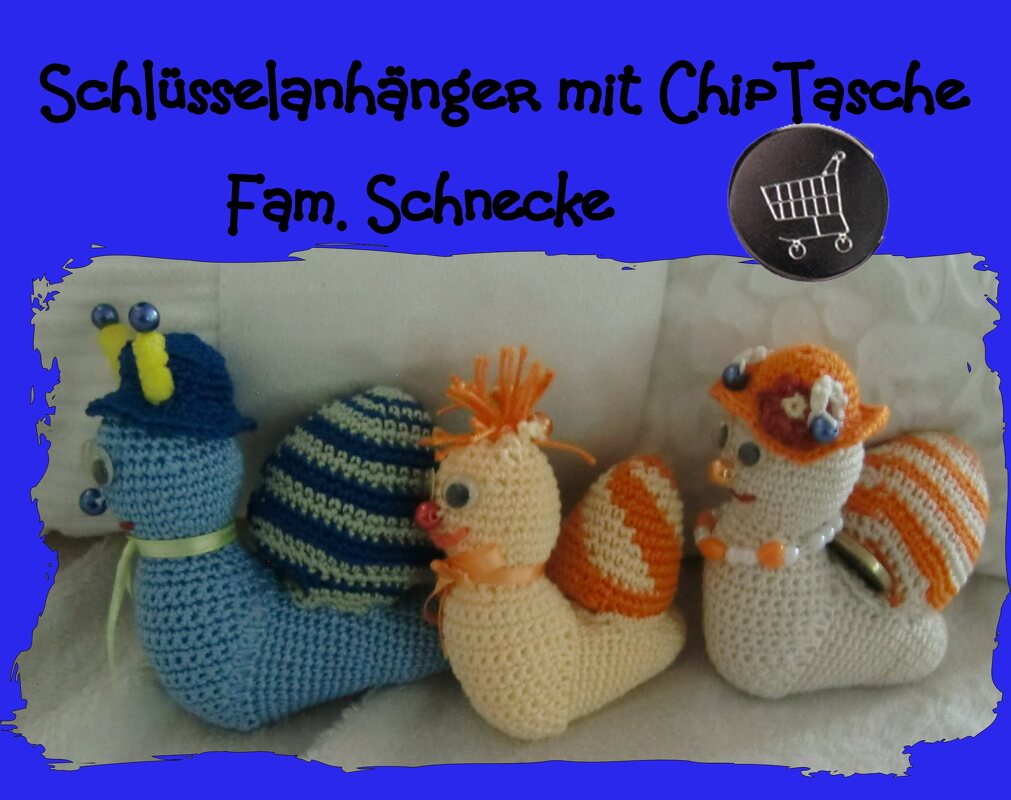 Schlüsselanhänger Fam.Schnecke, mit Chip-Tasche, gehäkelt