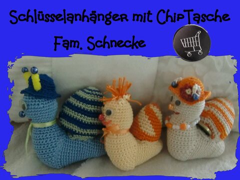 Schlüsselanhänger Fam.Schnecke, mit Chip-Tasche, gehäkelt