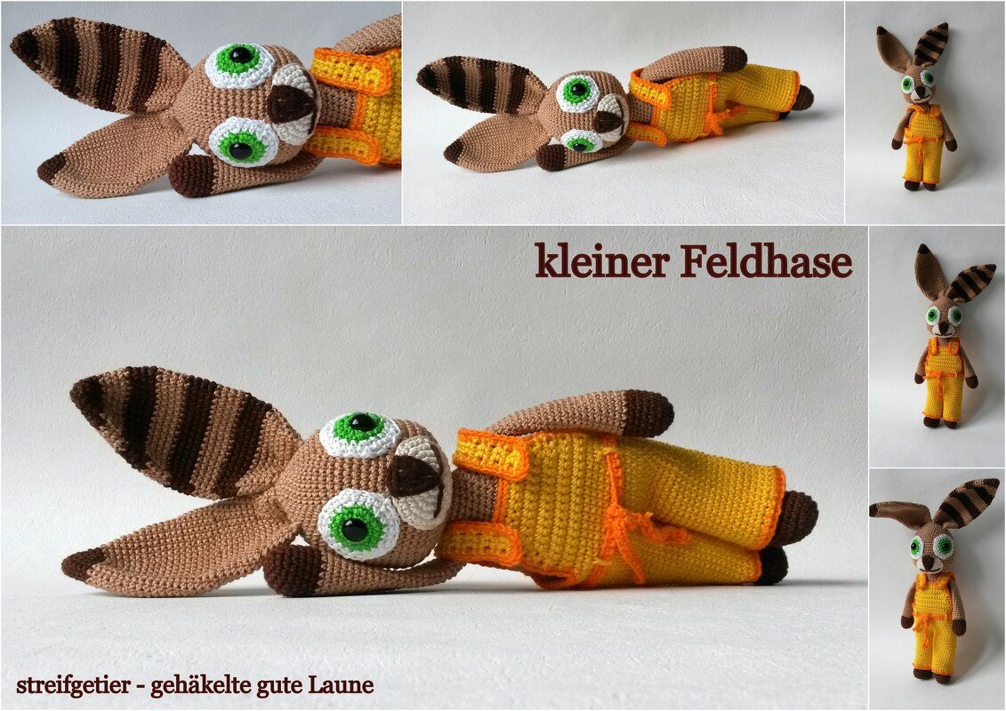 Gehäkelter brauner Feldhase mit gestreiften Ohren und gelber Latzhose, liegend und stehend dargestellt