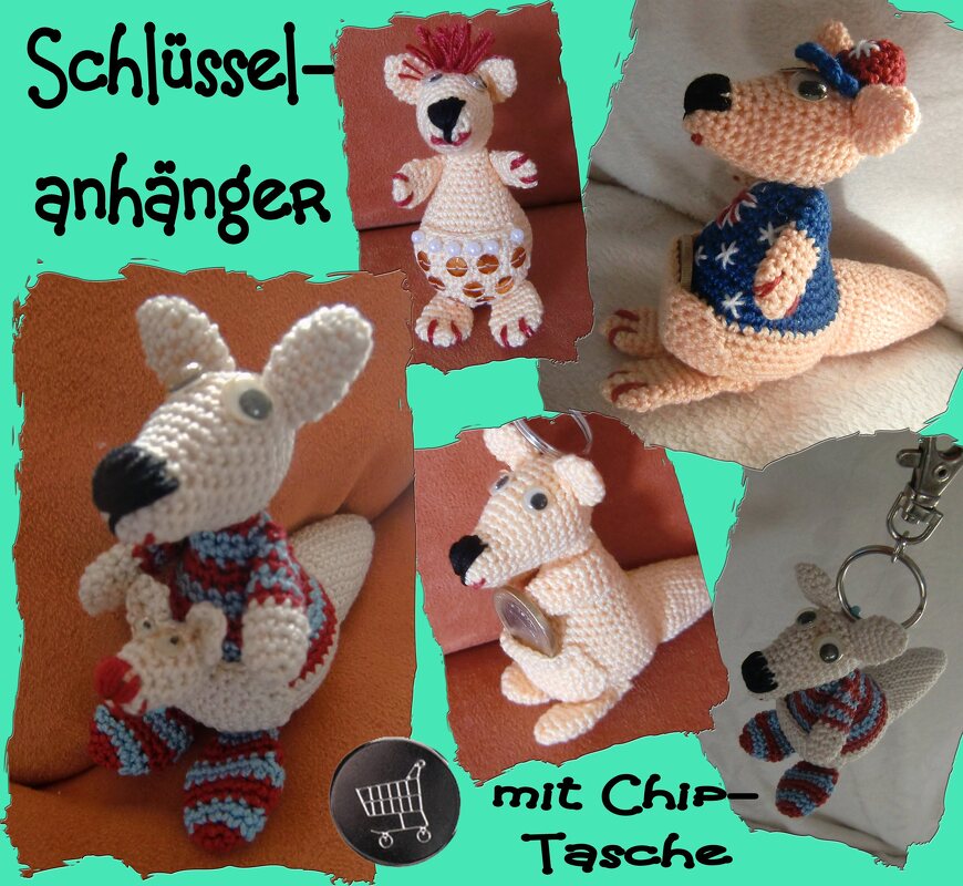 Schlüsselanhänger Känguru, mit Chip-Tasche, gehäkelt