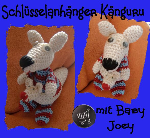 Schlüsselanhänger Känguru, mit Chip-Tasche, gehäkelt