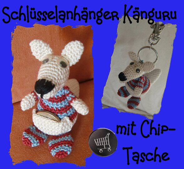 Schlüsselanhänger Känguru, mit Chip-Tasche, gehäkelt