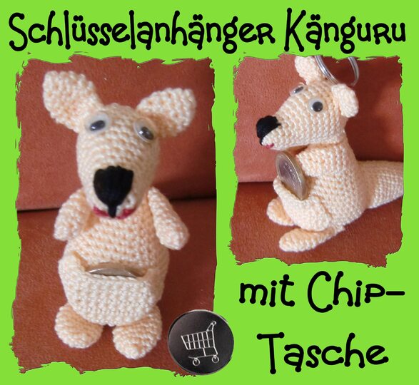 Schlüsselanhänger Känguru, mit Chip-Tasche, gehäkelt