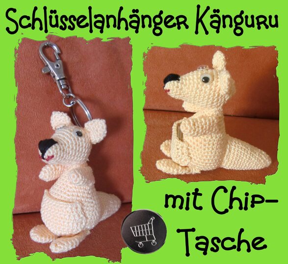Schlüsselanhänger Känguru, mit Chip-Tasche, gehäkelt