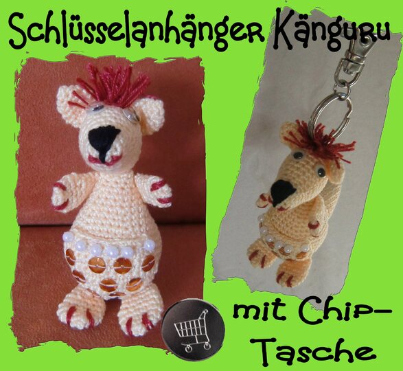 Schlüsselanhänger Känguru, mit Chip-Tasche, gehäkelt