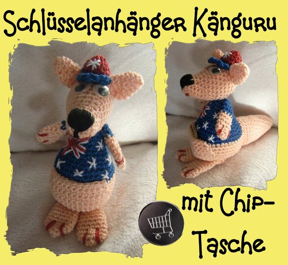 Schlüsselanhänger Känguru, mit Chip-Tasche, gehäkelt