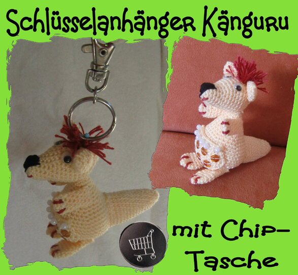 Schlüsselanhänger Känguru, mit Chip-Tasche, gehäkelt