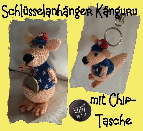 Schlüsselanhänger Känguru, mit Chip-Tasche, gehäkelt