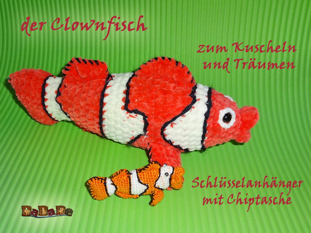 Schlüsselanhänger Clownfisch, mit Chip-Tasche in 2 Varianten, gehäkelt von DaDaDe