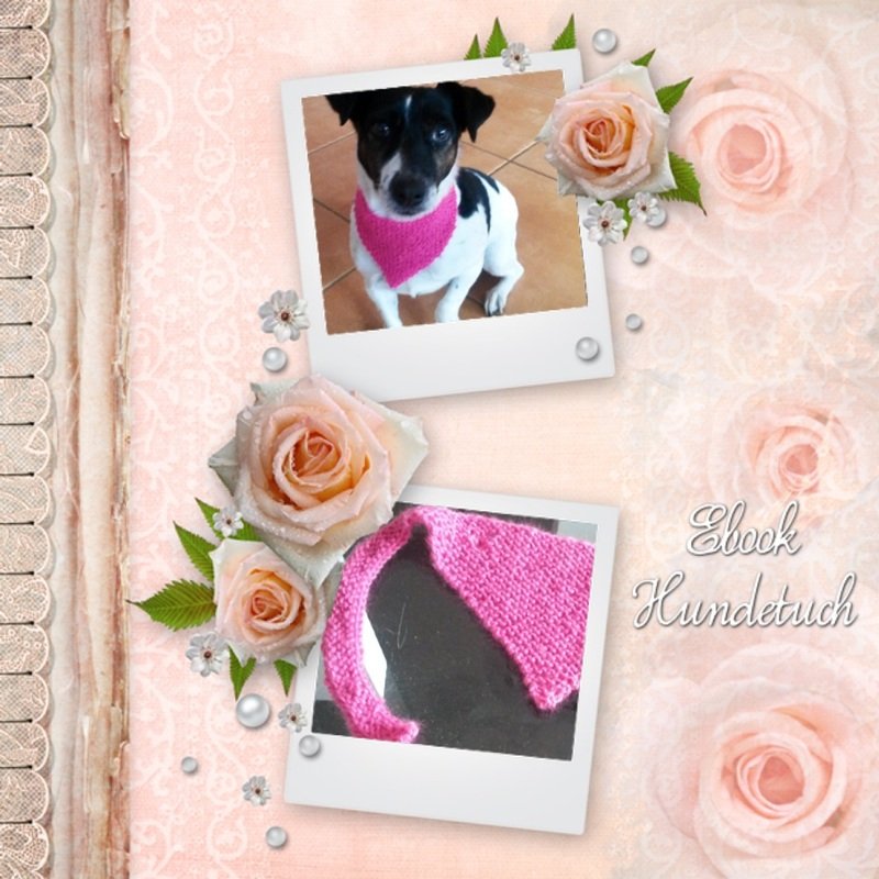 Detailaufnahme eines pinken, gestrickten dreieckigen Hundetuchs neben Foto eines Hundes, Maschenstruktur sichtbar
