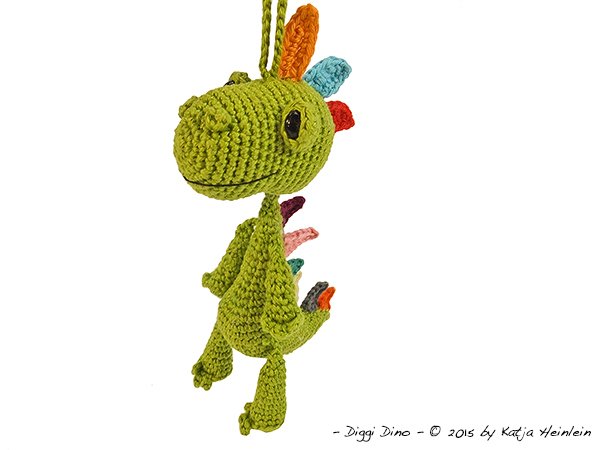 bag pendant Dino, PDF crochet pattern amigurumi tutorial by Katja Heinlein, ebook wyvern dinosaur file