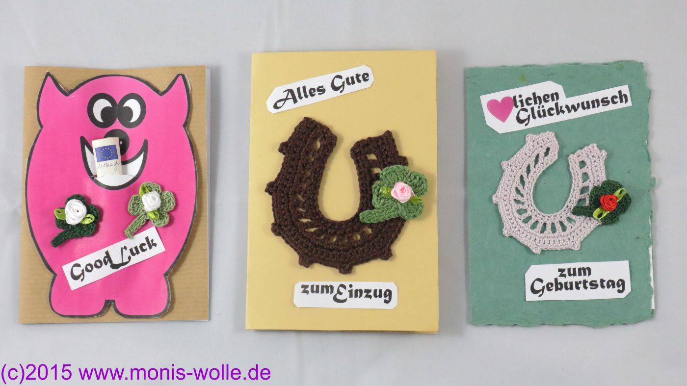 Häkel und Bastel Anleitung für Hufeisen, Kleeblatt und Glückwunschkarte
