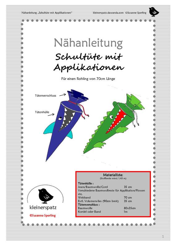 Schnittmuster für 70 cm Schultüte mit Hai- und Krokodil-Applikationen