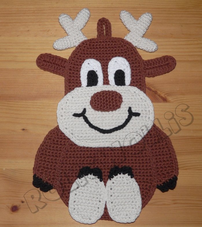 Gehäkelter Rentier-Topflappen in Braun mit weißen Details und Aufhängeschlaufe