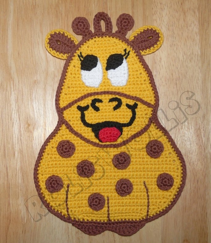 Handgehäkelter Giraffen-Topflappen, gelb mit braunen Flecken und lachendem Gesicht