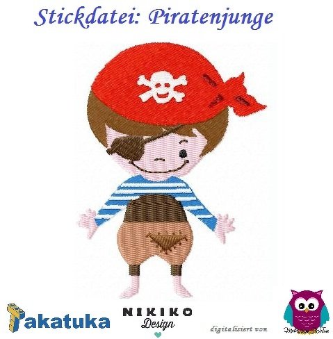 Gestickter Piratenjunge mit Augenklappe, rotem Halstuch und blau-weiß gestreiftem Hemd