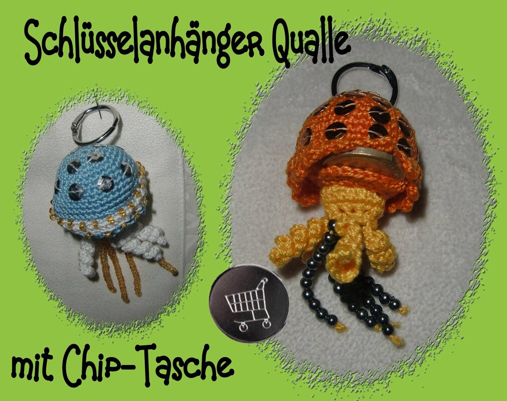 Zwei gehäkelte Quallen-Schlüsselanhänger (blau und orange) mit integriertem Fach für Einkaufswagenchip