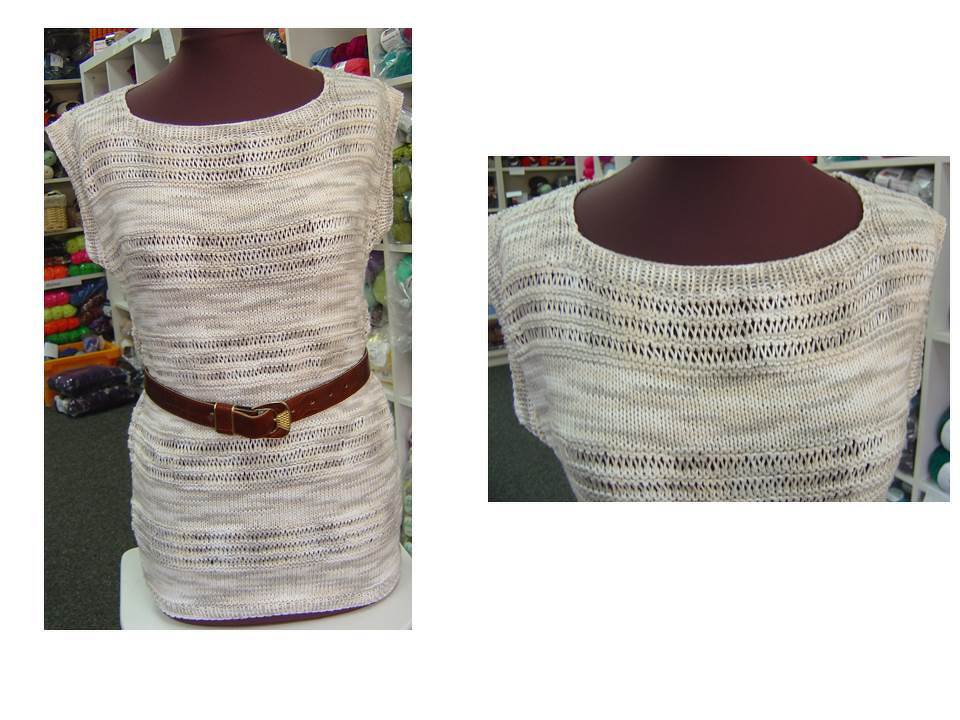 Ärmelloses gestricktes Damen-Top in Creme auf Schneiderpuppe mit horizontalem Lochmuster