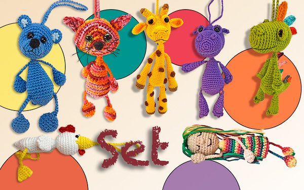 Häkelanleitung Taschenbaumler-Set Anhänger 7 Stück