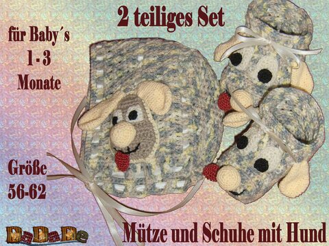 Baby Mütze und Schuhe Hund, Größe 56-62, 1- 3 Monate, gehäkelt