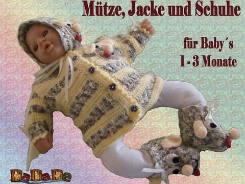 Baby Mütze, Jacke & Schuhe Hund, Größe 56-62, gehäkelt