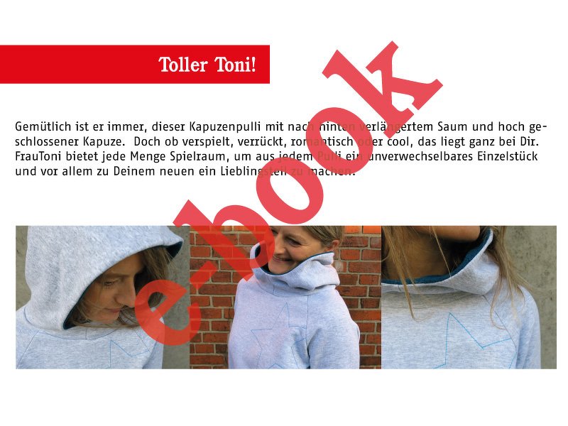 Grauer Kapuzenpullover mit hoher Kapuze und hellblauen Ziernähten, gezeigt in drei Ansichten