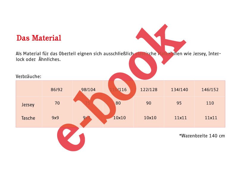 Tabelle mit Stoffverbrauch und Taschenmaßen für Kindergrößen 86–152, rote diagonale ‚e-book‘ Beschriftung