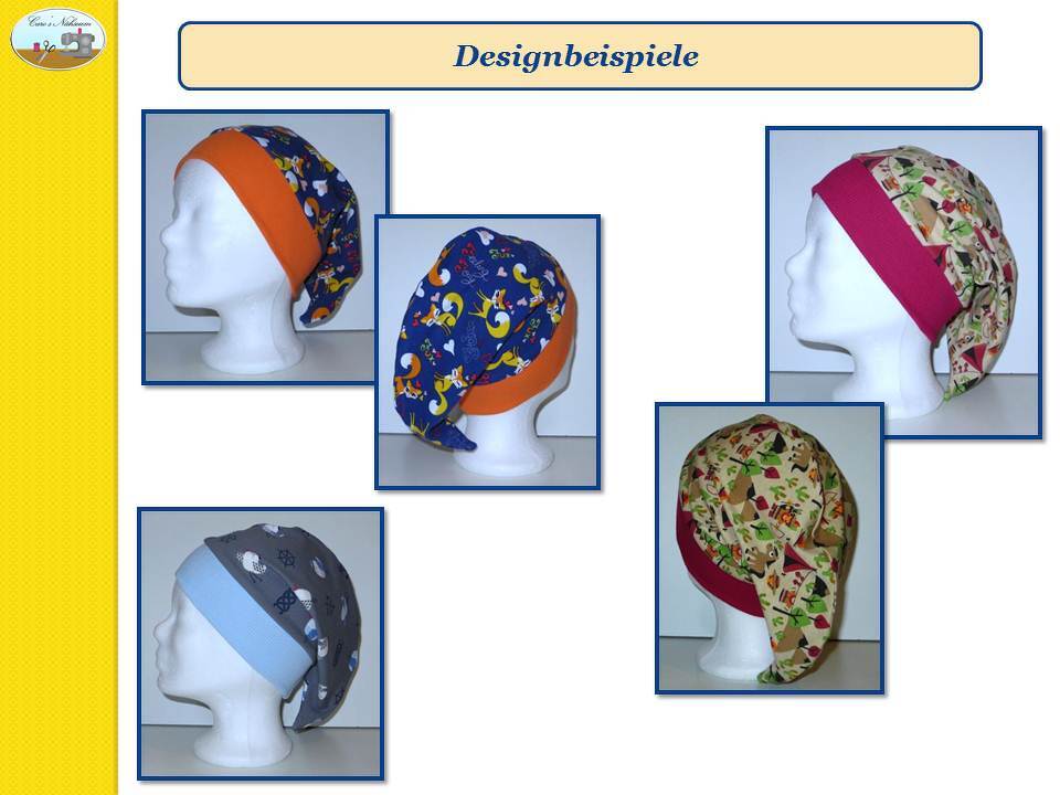 Mehrere bunt gemusterte Babymützen und Kinder-Beanies auf Schaufensterköpfen