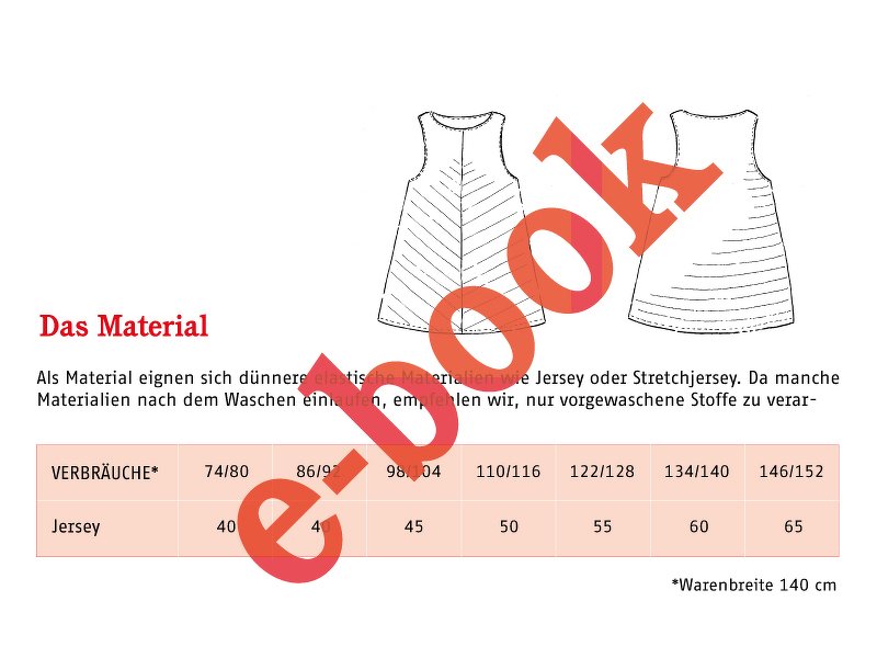 Technische Zeichnungen eines ärmellosen Kinderkleides, Materialhinweise und Stoffverbrauchstabelle