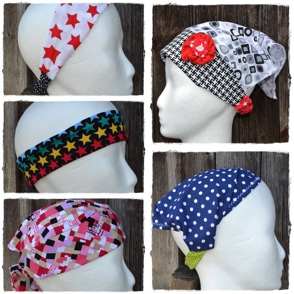 Collage aus fünf Kinder-Kopfbedeckungen mit Sternenmuster, buntem Sternband, rosa Quadratmuster, retro-geometrischer Mütze und blau-weiß gepunkteter Mütze