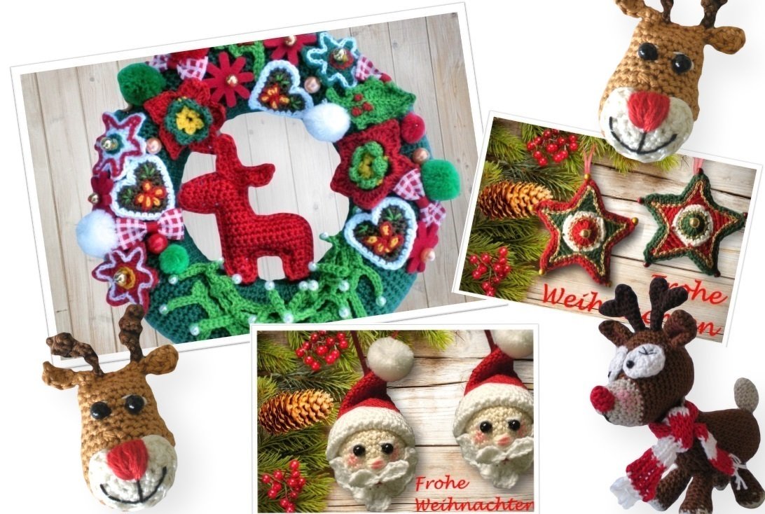 Verschiedene gehäkelte Weihnachtsdekorationen: grüner Kranz mit rotem Rentier, Sternanhänger, Santa-Gesichter und kleine Rentier-Amigurumi