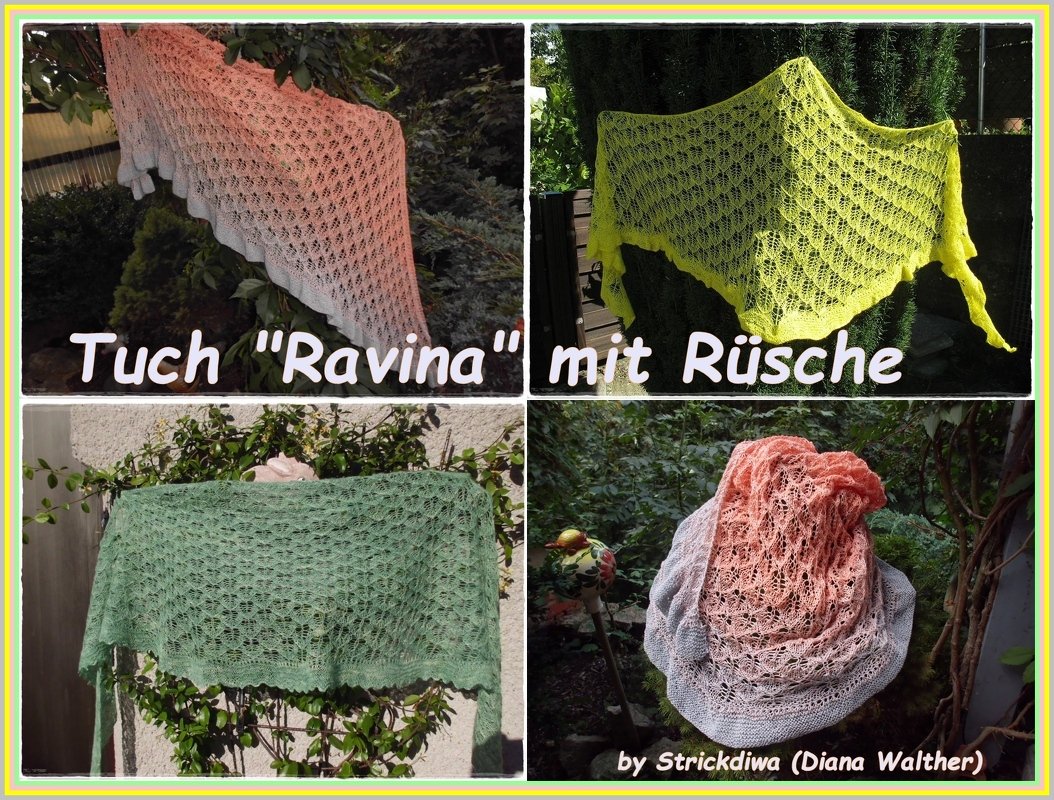 Vierfeld-Collage halbrunder Spitzentücher in Pastell-, Grün- und Neontönen mit Schriftzug ‚Tuch „Ravina“ mit Rüsche‘