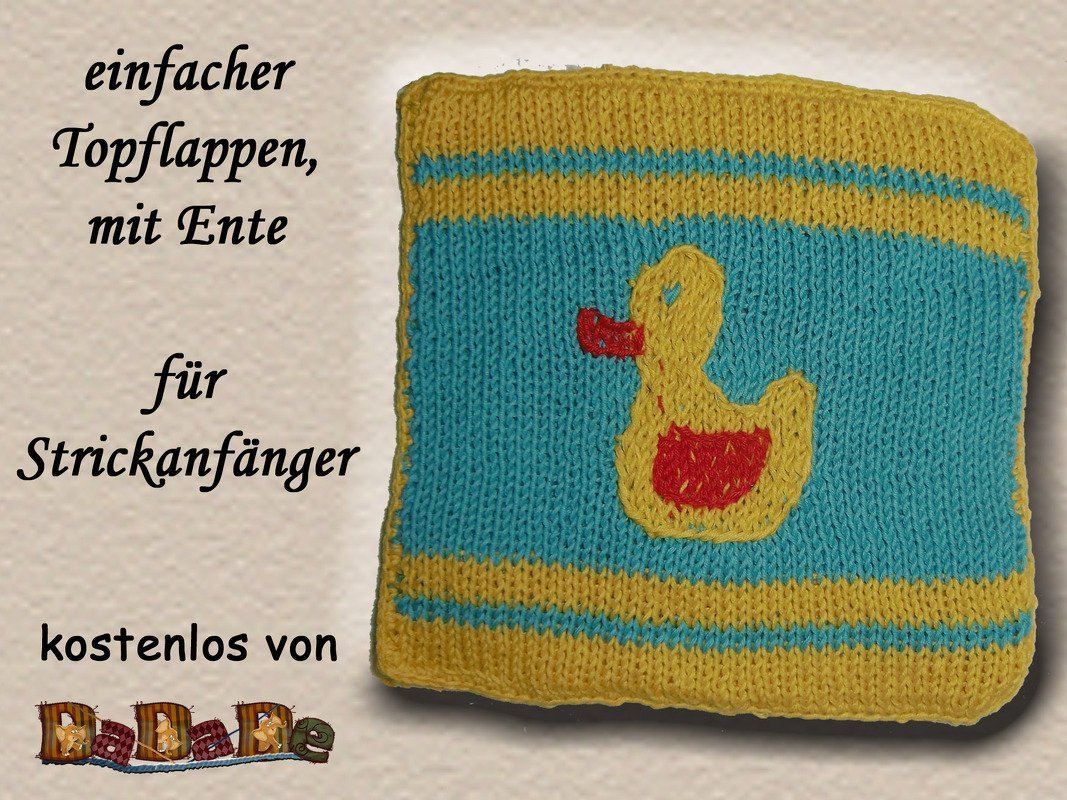 Quadratischer gestrickter Topflappen in Türkis und Gelb mit applizierter Ente und Streifenrand